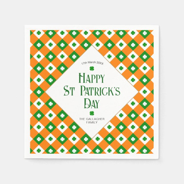 Servilleta De Papel Happy St Patrick's Green Clover Plaid Name (Anverso)