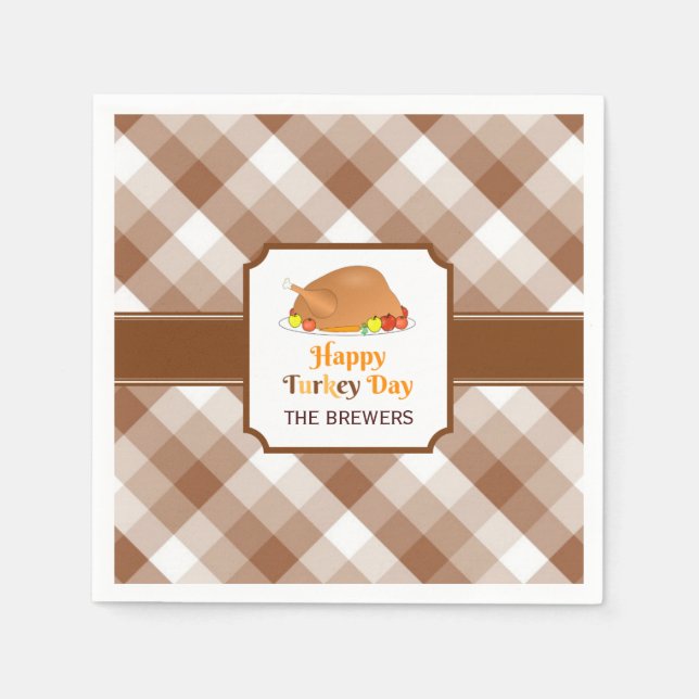 Servilleta De Papel Happy Turkey Day Brown Checkpoint Paper Napkin (Anverso)
