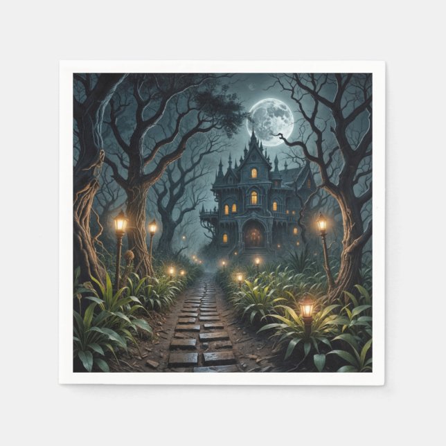 Servilleta De Papel Haunted Halloween Mansion In Moonlight (Anverso)
