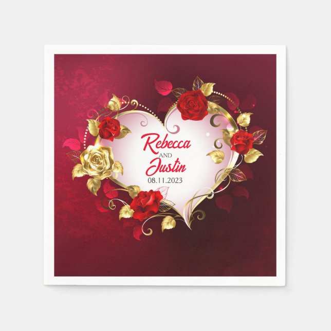 Servilleta De Papel Heart Gold Red Floral Moderno Boho (Anverso)