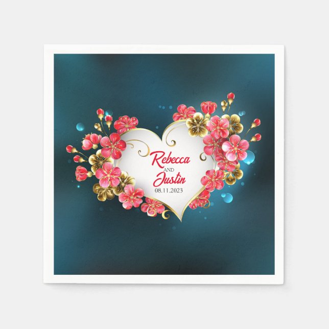 Servilleta De Papel Heart Gold Red Sakura Floral Moderno Boho (Anverso)