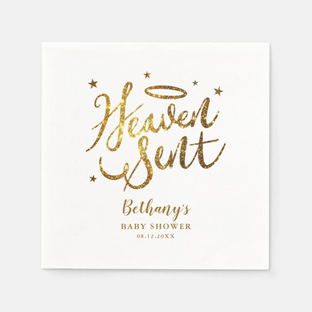 Servilleta De Papel Heaven Sent Elegant Baby Shower Gold Purpurina (Anverso)