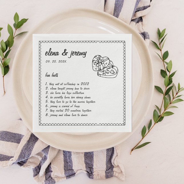 Servilleta De Papel Hechos divertidos Hand Illustrated Wedding Party N (hand written fun facts wedding napkins)