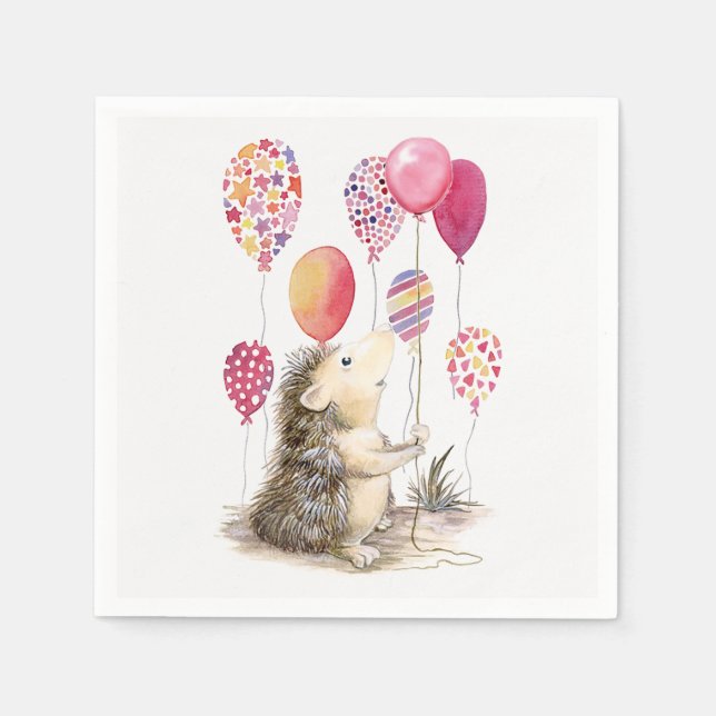 Servilleta De Papel Hedgehog con globos rosas (Anverso)