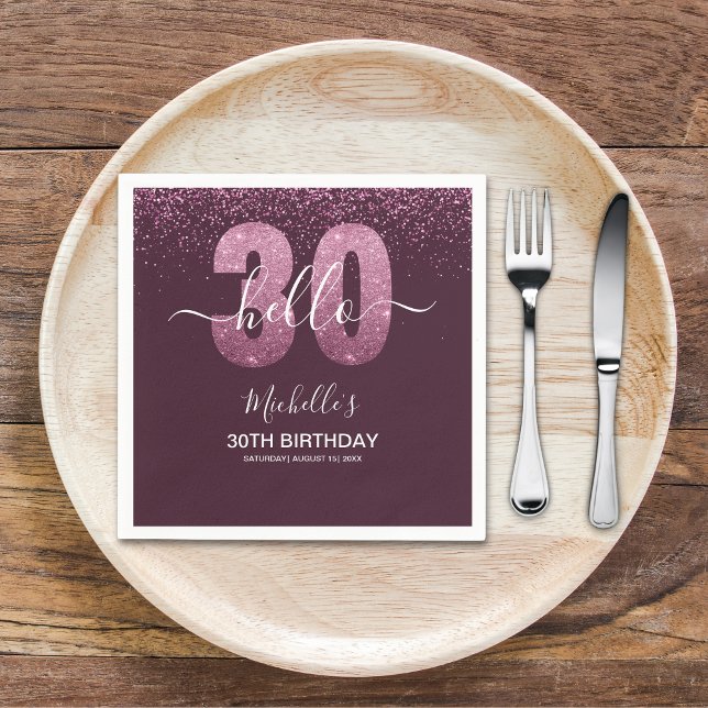 Servilleta De Papel Hello 30! modern 30th birthday with Pink glitter (Subido por el creador)