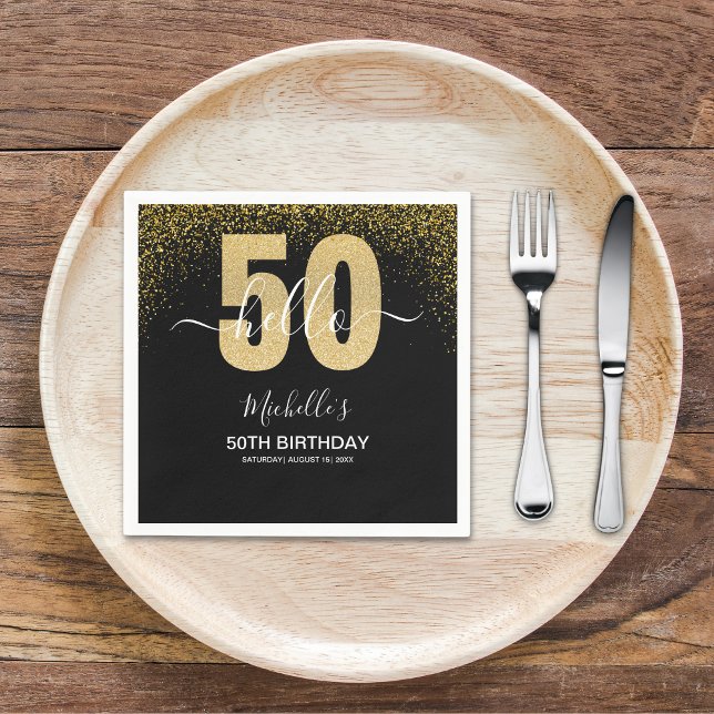 Servilleta De Papel Hello 50! - Modern 50th Birthday with Gold glitter (Subido por el creador)