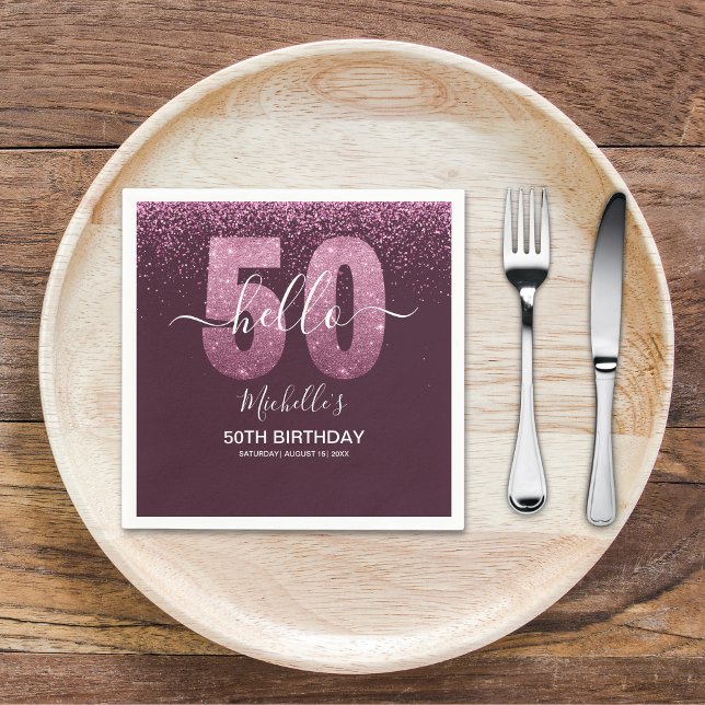 Servilleta De Papel Hello 50! - Modern 50th Birthday with Pink glitter (Subido por el creador)