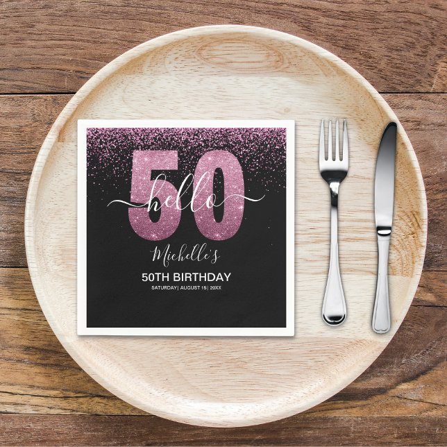Servilleta De Papel Hello 50! - Modern 50th Birthday with Pink glitter (Subido por el creador)