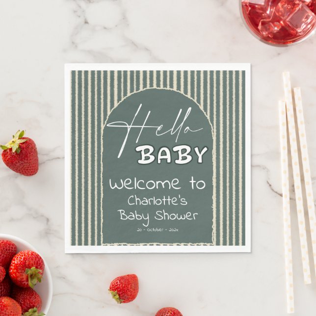 Servilleta De Papel Hello Baby Dark Green Stripes Baby Shower (In situ)