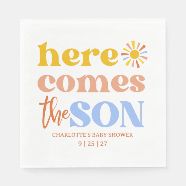 Servilleta De Papel Here Comes The Son Boy Baby Shower (Anverso)