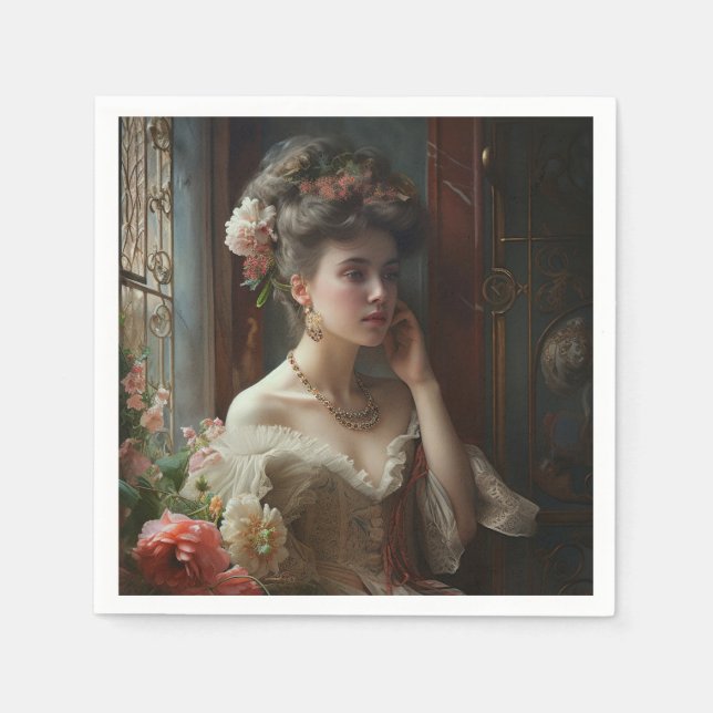 Servilleta De Papel Hermosa Dama Con Una Flor De Seda. (Anverso)
