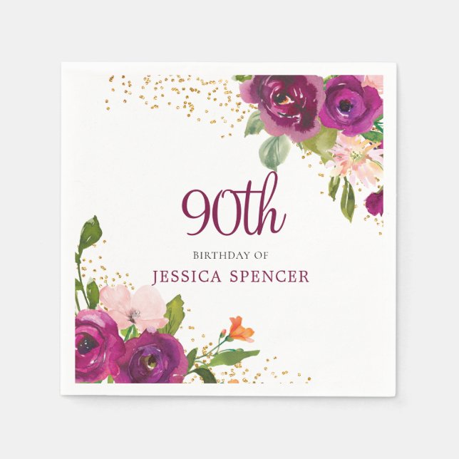 Servilleta De Papel Hermosa floral rosa mujeres 90 cumpleaños (Anverso)