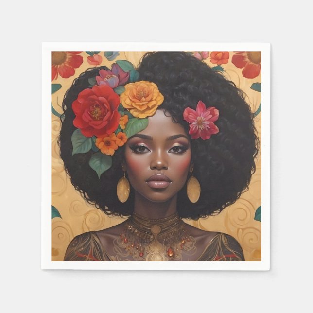 Servilleta De Papel Hermosa mujer afroamericana con flores (Anverso)
