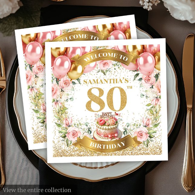 Servilleta De Papel Hermosa Rubor Gold Purpurina 80th Birthday Napkins (Beautiful Blush Gold Glitter 80th Birthday Napkins)