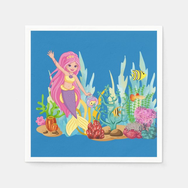 Servilleta De Papel Hermosa sirena PINK PELO jugando en el mar (Anverso)