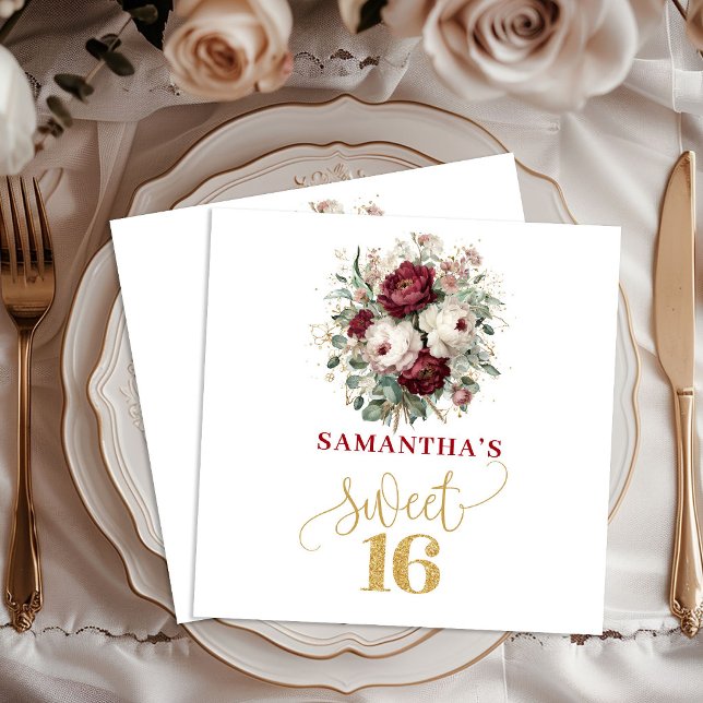 Servilleta De Papel Hermosas servilletas de fiesta de dulces 16 rosa p (Beautiful Sweet 16 Blush Burgundy Party Napkins)