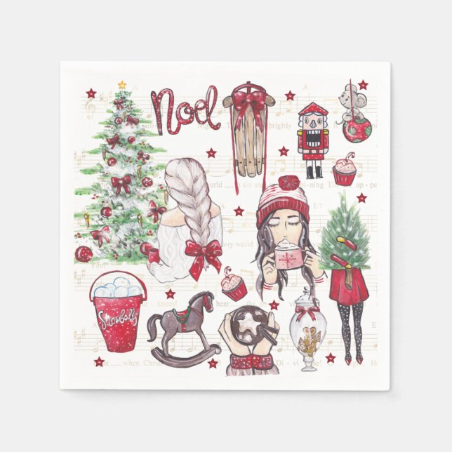 Servilleta De Papel Hermoso acuarela Navidades rojos (Anverso)