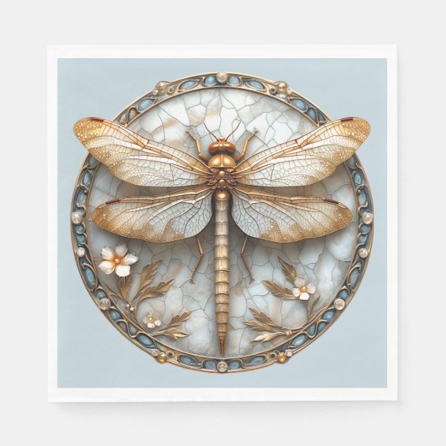 Servilleta De Papel Hermoso Art Deco Libélula Perlas Flores de Oro (Anverso)