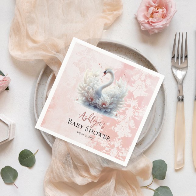 Servilleta De Papel Hermoso Chica de Damasco Floral Rosa (Beautiful Swan Pink Floral Damask Girl Baby Shower Paper Napkins)