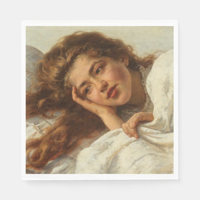 Servilleta De Papel Hermoso Chica en cama con pelo rojo (Anverso)