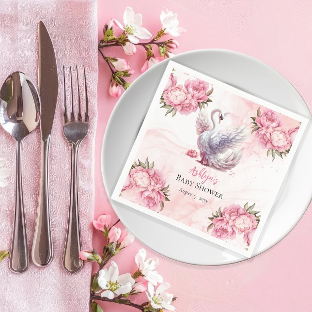 Servilleta De Papel Hermoso Chica floral rosa de cisne Baby Shower (Beautiful Swan Pink Floral Peonies Girl Baby Shower Paper Napkins)