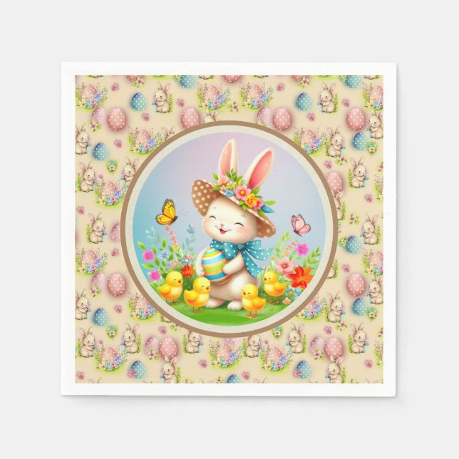 Servilleta De Papel Hermoso conejo de Pascua y Feliz Fiesta de Flores  (Anverso)