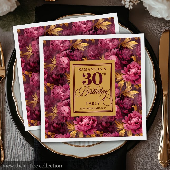 Servilleta De Papel Hermoso Fiesta de cumpleaños 30 de Rubor Burgundy  (Beautiful Blush Burgundy Gold 30th Birthday Party Napkins )