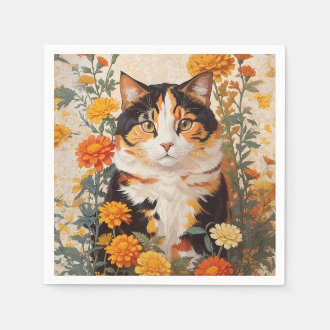 Servilleta De Papel Hermoso Gato Calico Con Flores Marigold (Anverso)