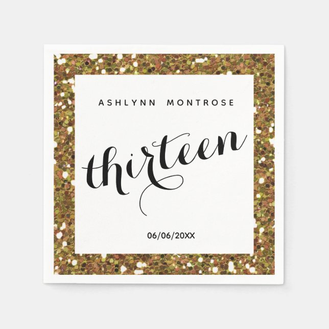 Servilleta De Papel Hermoso Purpurina de Oro 13º cumpleaños (Anverso)