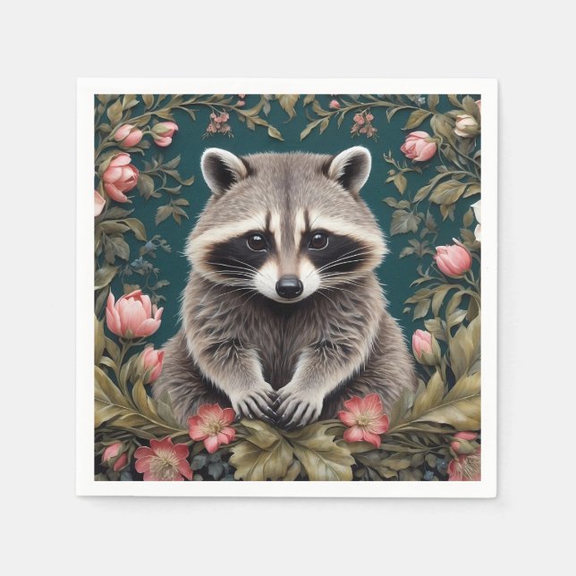 Servilleta De Papel Hermoso Racoon Pink Floral (Anverso)