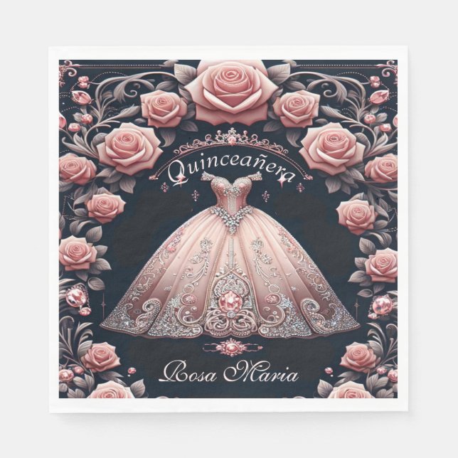 Servilleta De Papel Hermoso Rosa español de Quinceañera (Anverso)