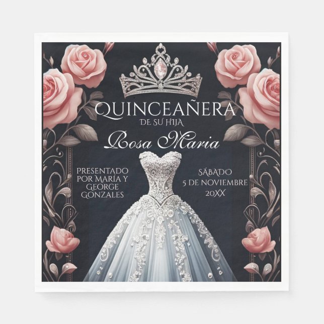Servilleta De Papel Hermoso Rosa español de Quinceañera (Anverso)