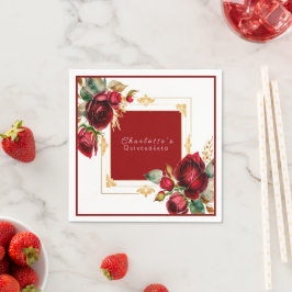 Servilleta De Papel Hermoso Roses Rojos Oro Filigree Quinceañera