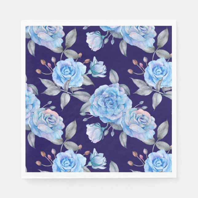 Servilleta De Papel Hermosos rosas azules, fondo azul marino, (Anverso)