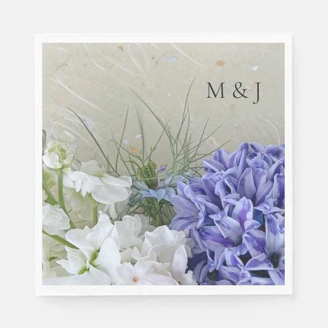 Servilleta De Papel Hiacinato azul con flores de caldo blanco (Anverso)