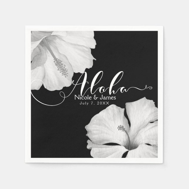 Servilleta De Papel Hibisco Blanco Negro Tropical Boda Aloha (Anverso)