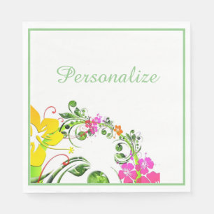 Servilleta De Papel Hibisco floral tropical verde rosa amarillo blanco