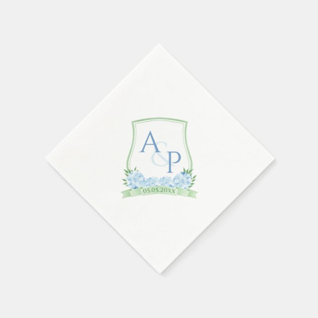 Servilleta De Papel Hidrangea azul acuarela Boda verde monograma (Borde)