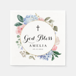 Servilleta De Papel Hidrangeas azules y Rosas que Dios bendiga el baut