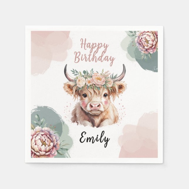 Servilleta De Papel Highland Cow Birthday Napkins Girl Boho Farm Party (Anverso)