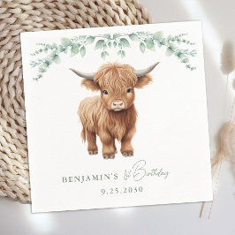 Servilleta De Papel Highland Cow Boho Greenery Farm Animal Cumpleaños