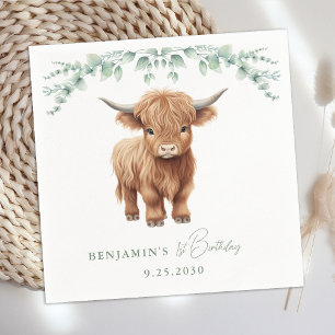 Servilleta De Papel Highland Cow Boho Greenery Farm Animal Cumpleaños
