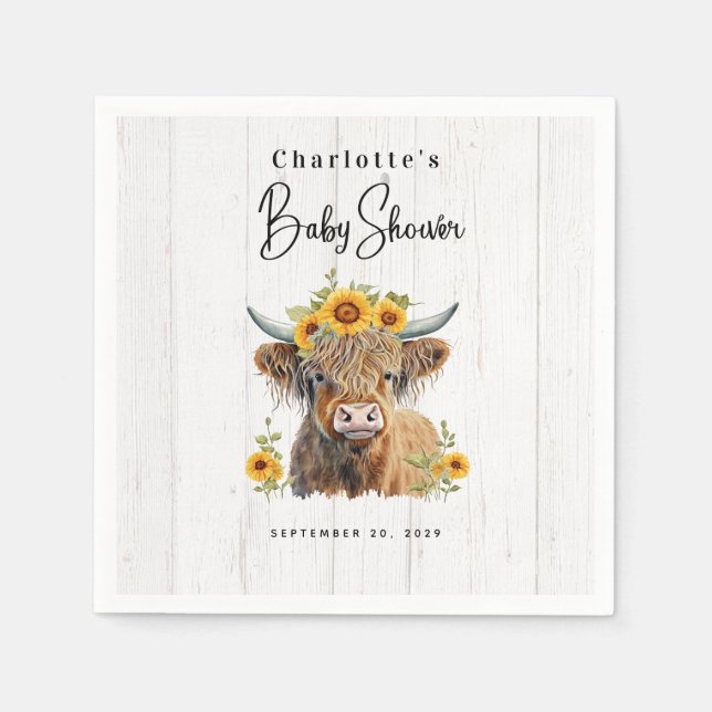 Servilleta De Papel Highland Cow Floral Boho Bridal Shower (Anverso)