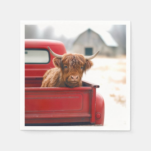 Servilleta De Papel Highland Cow In a Red Retro Pickup Truck (Anverso)