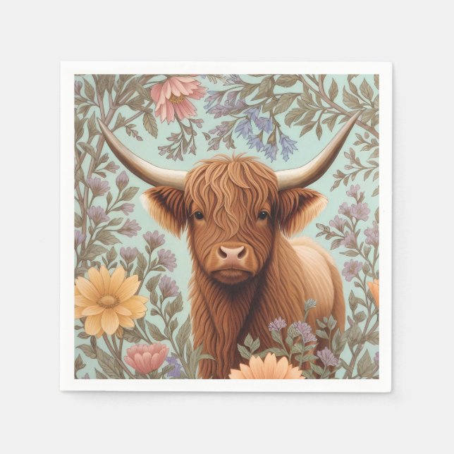 Servilleta De Papel Highland Cow Pastel William Morris Inspired Floral (Anverso)