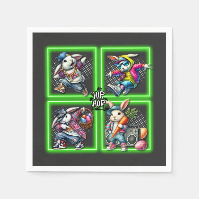 Servilleta De Papel Hip Hop Easter Bunny Buddies, Neon Green | (Anverso)
