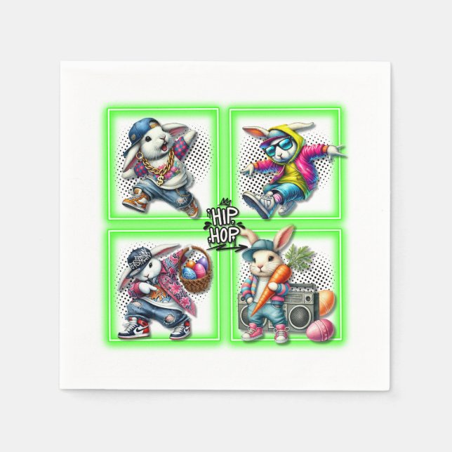 Servilleta De Papel Hip Hop Easter Bunny Buddies, Neon Green | (Anverso)
