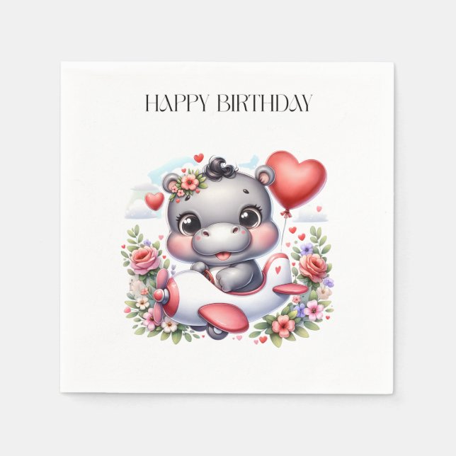 Servilleta De Papel Hipopótamo lindo en avión de corazón (Anverso)