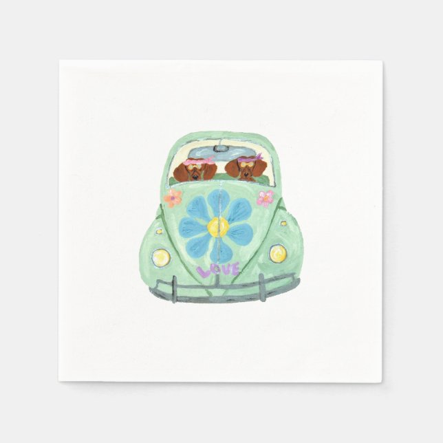 Servilleta De Papel Hippies Dachshund en su coche de flores de amor (Anverso)