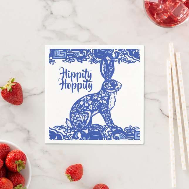 Servilleta De Papel Hippity Hoppity Bunny Rabbit Blue Willow Easter (In situ)